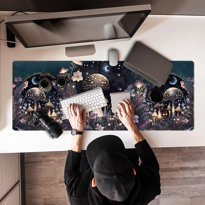 Teng DA Qing Cute Dark Mushroom Moon Night Mouse Pad XL Extended Gaming Mat with Stitched Edges, Computer Laptop Keyboard and Mouse Mat for Women Office Desk Decor, 31.5x11.8 in