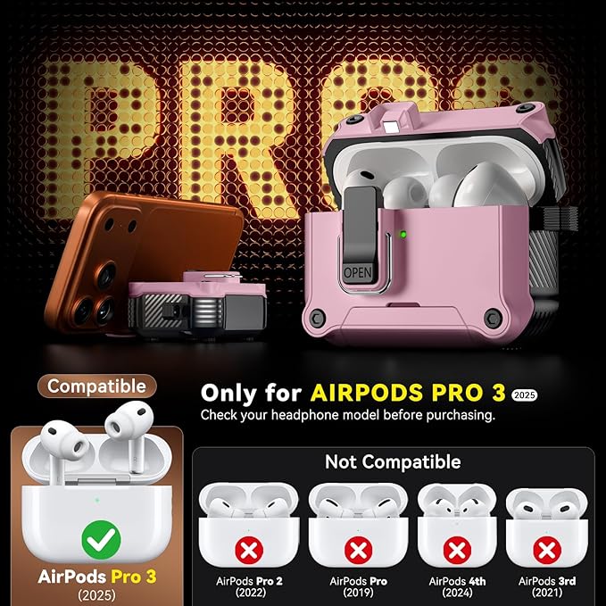 Inesore Compatible with AirPods Pro 3 Generation Case,Secure Lock & Phone Stand Design,Compatible with MagSafe,Automatic Snap Switch Secure Cover for New AirPods Pro 3rd (2025)-Pink