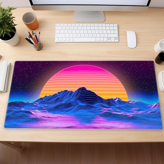 Retro Neon Fantasy Mouse Pad Desk Mat XXL Large 31.5x15.7in Gaming Keyboard & Mouse Pad Nostalgic Digital Art Office Desk Decor