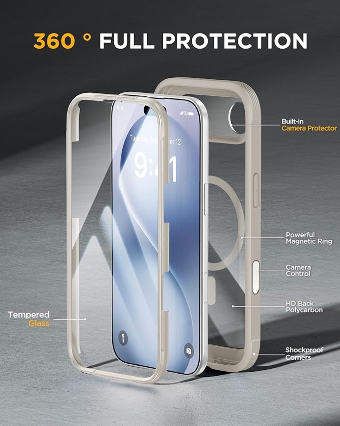 Miracase Magnetic for iPhone Air Case 6.5" [Compatible with MagSafe] Full-Body Phone Case with Built-in Glass Screen Protector & Camera Control,Drop Proof iPhone 17 Air Case Cover, Grey Titanium
