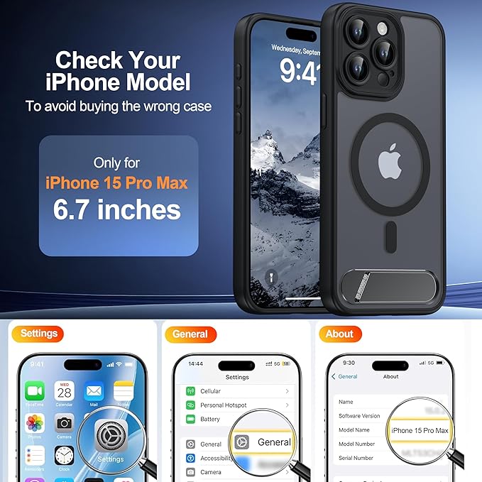 Magnetic Compatible with iPhone 15 Pro Max Case, [Built-in Kickstand][Full Camera Protection][Compatible with MagSafe][Anti-Fingerprint] Shockproof Phone Case for iPhone 15 Pro Max 6.7",Black