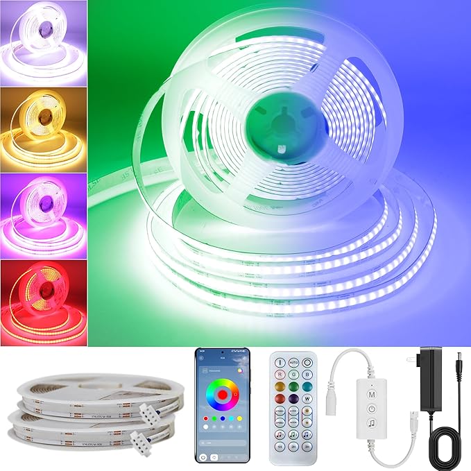 Pandery RGB COB LED Strip Light,DC24V 576leds/m Music Synchronized Color Change APP and Bluetooth Remote Control 32.8FT/2x5M,Indoor RGB COB Strip Light for Bedroom,Game Room,Bar,Party