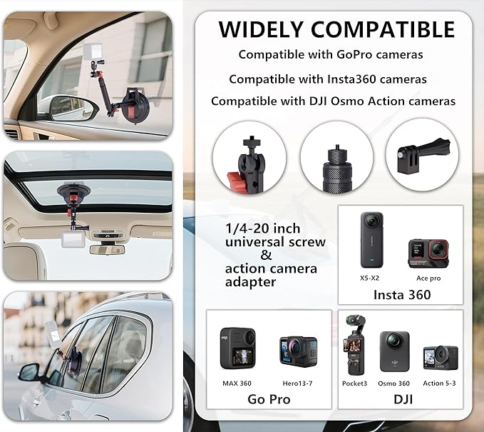 Heavy-Duty Triple Suction Cup Car Mount Kit - Professional External Extension Pole Insta360 Car Mount,Windshield Magic Arm GoPro Car Mount with Action Camera Adapter Compatible with Insta360/GoPro/DJI