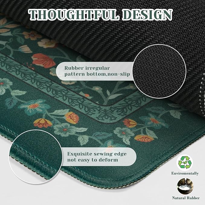 iCasso Aesthetic Floral Desk Mat, L Mouse Pads, Anti-Slip Retro Mousepad with Stitched Edges, Waterproof Computer Pad 11.8"x31.5", Desk Accessories Office Decor for Women(Deep Green)