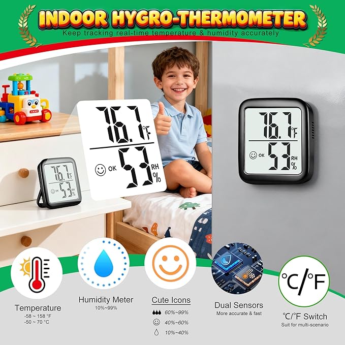 Antonki 2 Pack Room Thermometer for Home, Hygrometer Indoor Humidity Meter Gauge, Digital Temperature and Humidity Monitor Sensor for House, Terrarium, Incubator, Greenhouse - Battery Included
