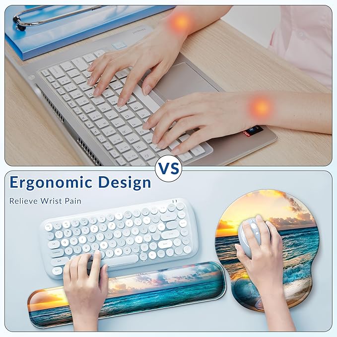 Desk Mat Set + Keyboard and Mouse Pad with Wrist Rest Support,4-in-1 Large Mousepad Computer Mats for Desktop Home & Office-Sunset Sea