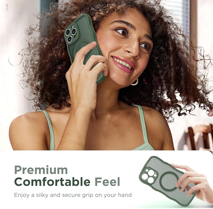 CAPRARO Cute for iPhone 15 Pro Max Case, Compatible with MagSafe, [Curly Wave Edge] [Full Camera Protection] [14 FT Drop Protection] Magnetic Phone Case for 15 Pro Max 6.7 Inch, Deep Green
