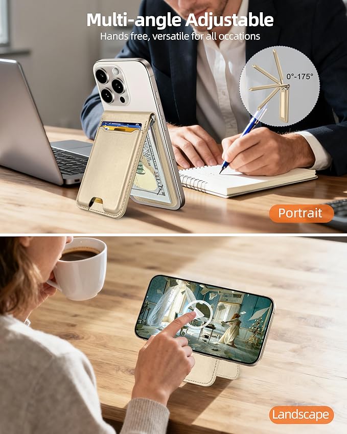 For Magsafe Wallet with Money Clip, Strongest Magnetic Wallet for iPhone 17/16/15/14/13/12 Series, Adjustable Stand, ID Window, 5 Card Holder, RFID Blocking, Not for 13/12 Mini, Desert Titanium Gold
