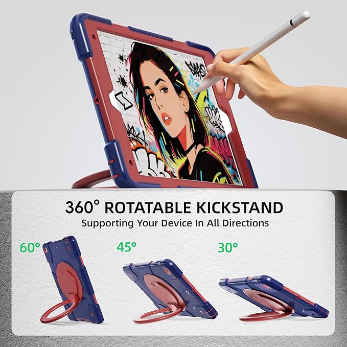 Andnary Case for iPad 9th/8th/7th Generation 10.2 inch, Shockproof Cover with Screen Protector/360° Rotate Stand/Pencil Holder/Shoulder Strap, Kids Case for iPad 2021/2020/2019 (Navy+Red)
