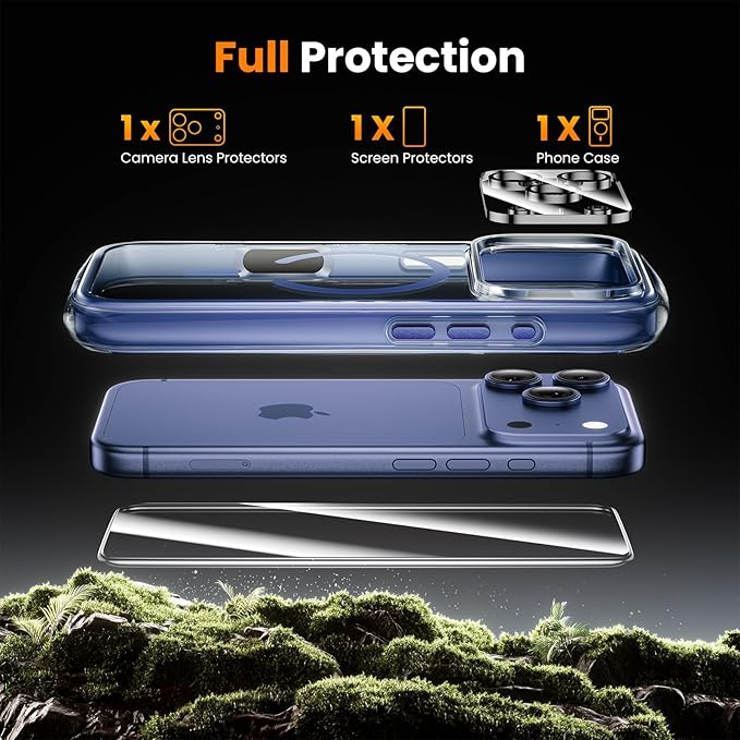 3-in-1 Air for iPhone 17 Pro Case with Screen Protector & Camera Lens Protector,[Fits MagSafe][Military-Grade Protection] [4-Side Built-in Airbag] Shockproof Case for iPhone 17 Pro (Clear-Blue)