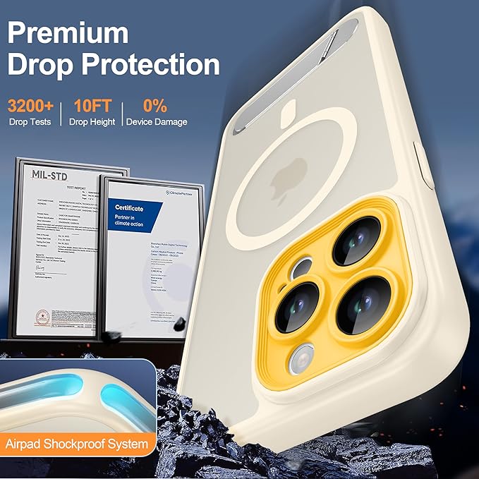 Magnetic Compatible with iPhone 15 Pro Max Case, [Built-in Kickstand][Full Camera Protection][Compatible with MagSafe][Anti-Fingerprint] Shockproof Phone Case for iPhone 15 Pro Max 6.7",Beige & Yellow