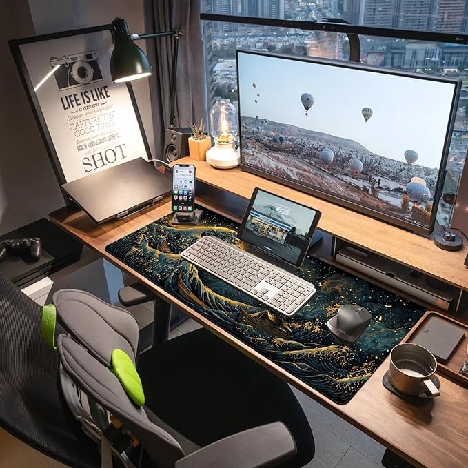 Extended Gaming Mouse Pad, Large Mouse Mat 3 mm Nature Rubber Base Mousepad with Stitched Edges, Non-Slip Desk Mat for Office Home Great Gift 31.5x11.8 Inch (Great Wave 2)