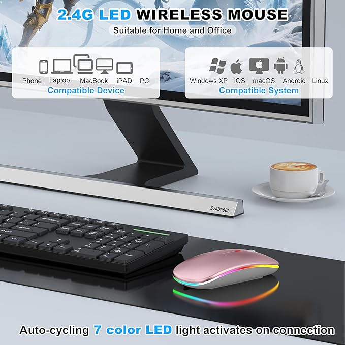 LED Bluetooth Wireless Mouse for MacBook Air Mac Pro Laptop iPad –Rechargeable Silent Light-Up Optical Mouse with Jiggler Dual Mode BT5.2 & USB-A/USB-C for Students, Kids, Girls, Boys – Rose Gold