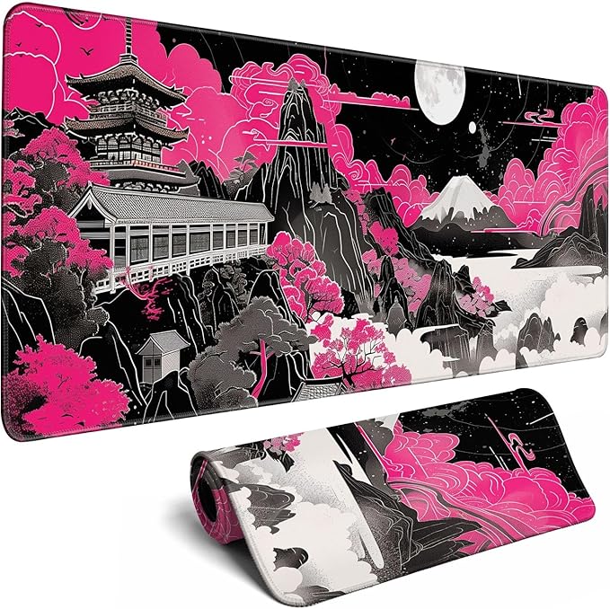 Future Kyoto Mouse Desk Pad Japanese Pink Desk Mat Desk Decor Black White Large Gaming Mouse Pad for Desk Mousepad Computer Office Keyboard Laptop Big Mouse Pad Xl-31.5x11.8 in