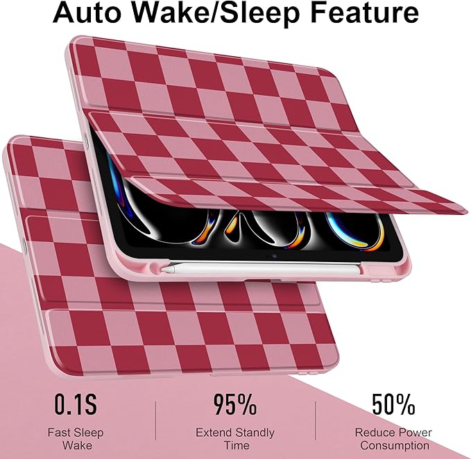 TWOLSKOO Case for iPad Pro 11-inch (M5 2025 / M4 2024), Clear Acrylic Back with TPU Bumper, Pencil Holder, Trifold Stand, Auto Sleep/Wake, Pink Checkerboard