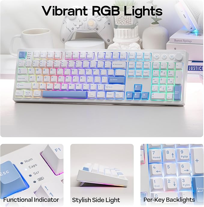 MechLands Vibe108 Full Size Mechanical Keyboard with Knob & Multimedia Buttons, Wireless Gaming Keyboard with 10000mAh Battery, RGB Backlits, 104 Keys Hot Swappable, Custom Driver (Cream Mint Switch)