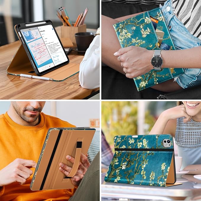 DTTO for iPad Pro 11 inch Case (M5/M4) 2025/2024, Premium Leather Business Folio Stand Cover with Pencil Holder - Auto Wake/Sleep and Multiple Viewing Angles, Blossom