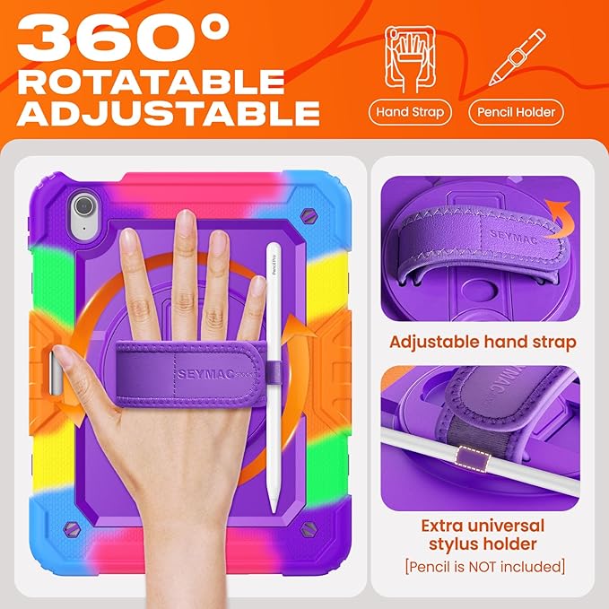 SEYMAC stock Case for iPad Air 11-inch M4-M2 2026-2024 (Gen 8-6), Shockproof Heavy Duty Case with Screen Protector, Pencil Holder, Rotating Stand, Hand Strap, Shoulder Strap, Purple