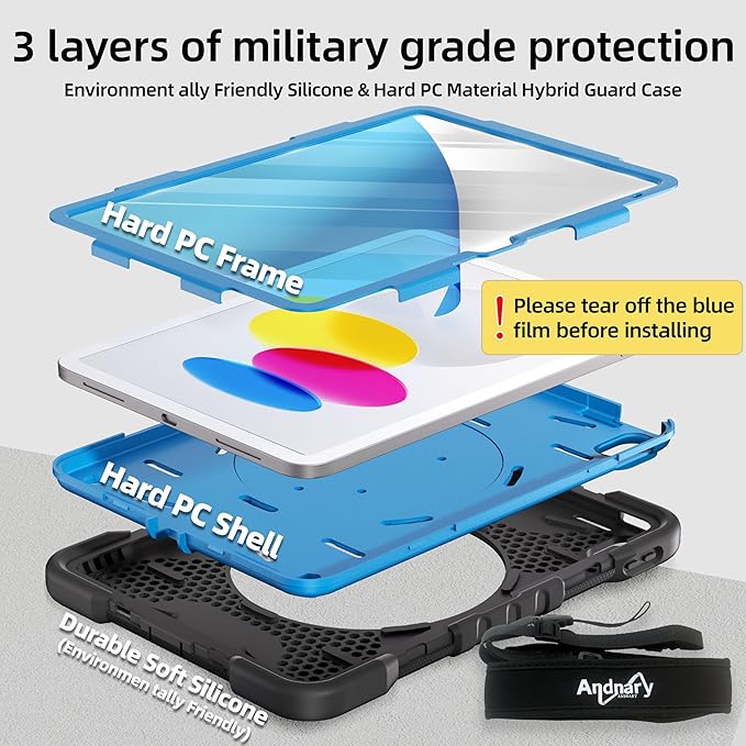 Andnary Case for iPad (A16) 11th Generation 11 inch 2025/10th Generation 10.9 inch 2022 (Black+Blue, Case for iPad (A16) 11th/10th Generation)