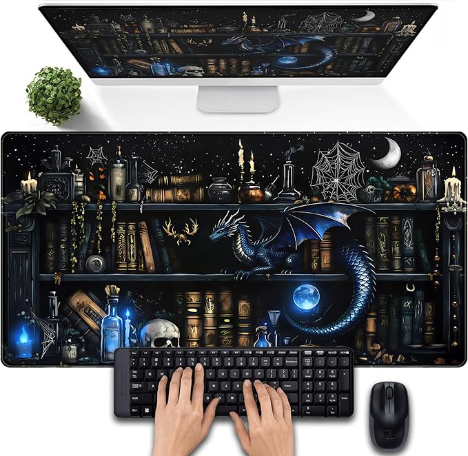 Dark Magic Desk Mat Large Mouse Pad Gaming Extended Mouse Mat, Blue Dragon Computer Keyboard Mat, Big Desk Pad Full Desktop Pad XXL, Anime Office Decor Personalized Desk Accessories 31.5x15.7 Inch