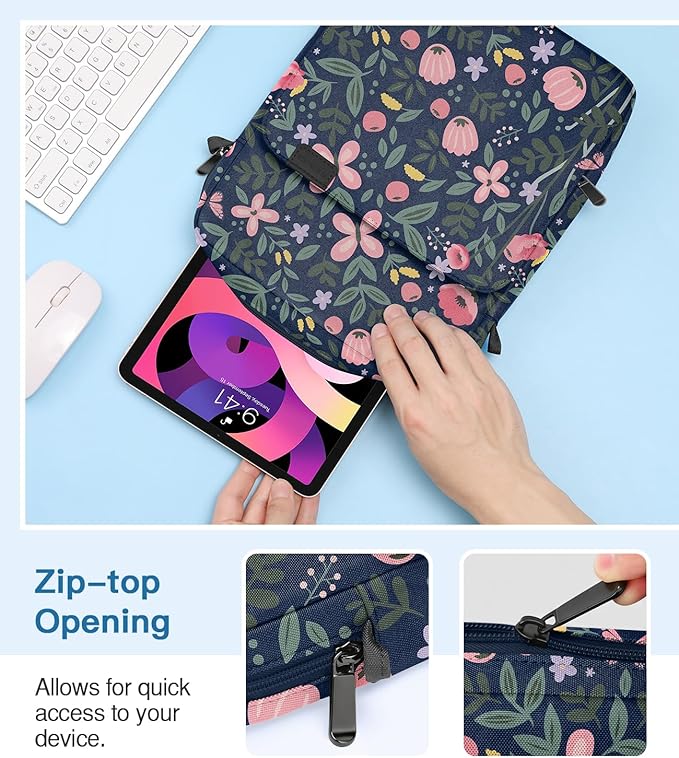MoKo 9-11 Inch Tablet Sleeve Bag Handle Carrying Case with Shoulder Strap Fits New 11-inch iPad Pro M5/iPadAir M3, i-Pad 10th 10.9, iPad 9/8/7 10.2, i-Pad Air 5/4th 10.9, Tab S8/S9 11, Floral Indigo