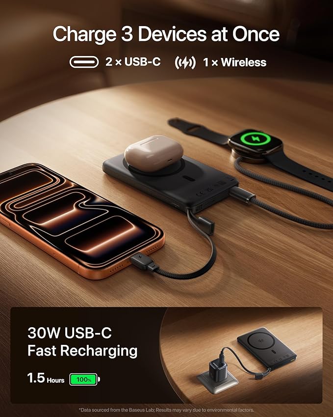 Baseus Picogo AM52 MagSafe Power Bank, Qi2.2 25W 10,000mAh Magnetic Portable Charger, 0.6" Slim Built-in 45W USB-C Cable, Alloy Fast Charging Wireless Battery Pack for iPhone 17/16/15/14/13/12 Only
