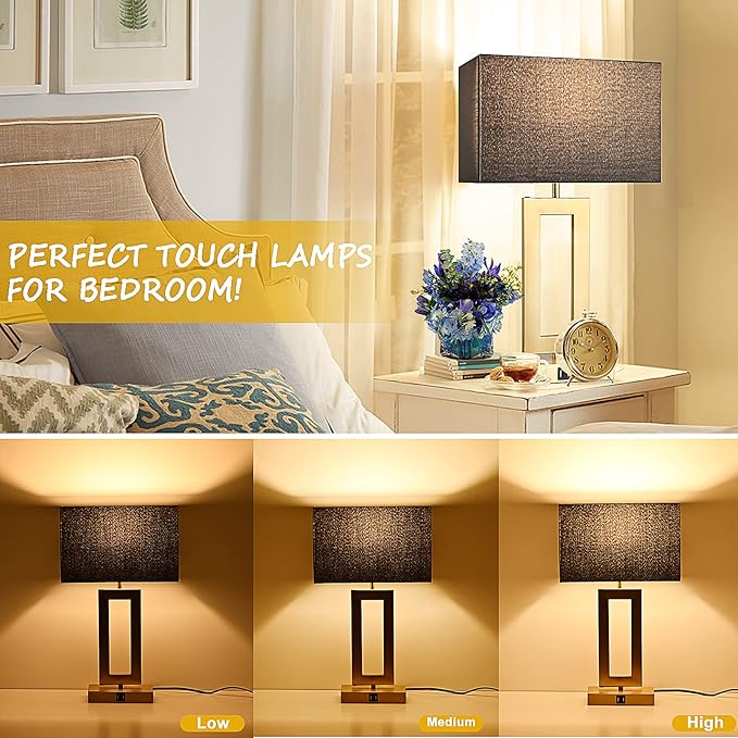 22'' Black&Gold Lamps for Bedrooms Set of 2, Touch Control Table Lamps with USB Ports, 3-Way Dimmable Bedside Nightstand Lamps, Modern Table Lamps for Living Room End Table, LED Bulbs Included