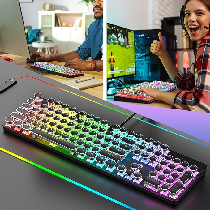 Typewriter Mechanical Gaming Keyboard with RGB Backlit Red Switches, 104 Keys Retro Round Keycap, Wired Typewriter Style Comfortable Typing Soud (R-Black)
