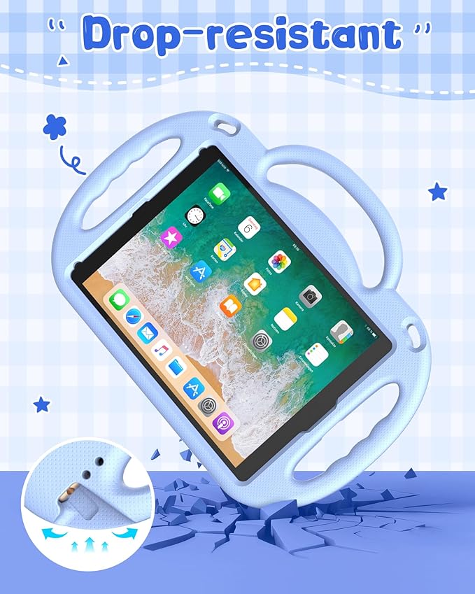 Kids Case for iPad 5th/6th Generation (9.7 inch, 2017/2018) & iPad Air 1/2 9.7" & Pro 9.7, Durable Shockproof Lightweight Kids Cover with Shoulder Strap/Handle/Kickstand, Light Blue