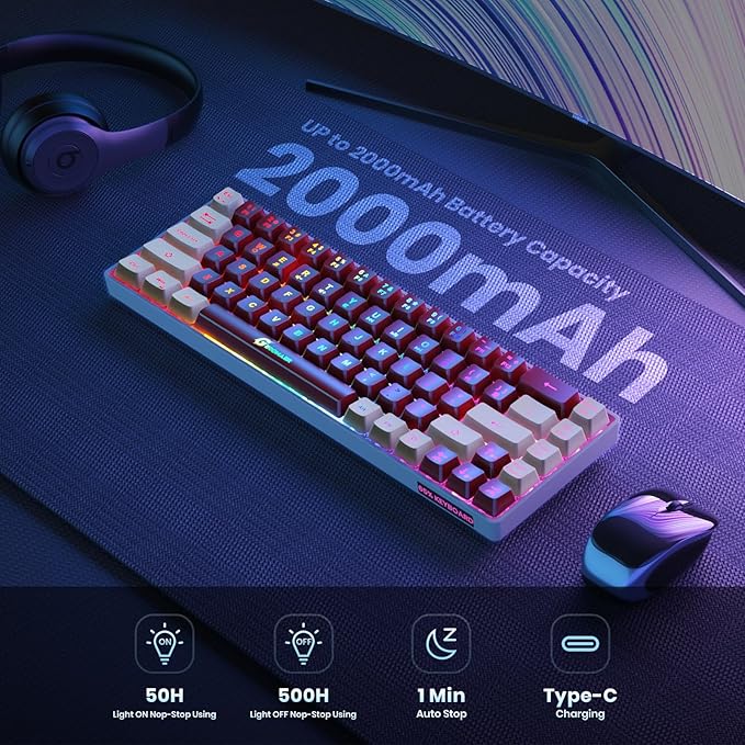 GEODMAER 65% Wireless Gaming Keyboard, LED Backlit Gaming Keyboard, 68 Keys Ultra-Compact Anti-ghosting No-Conflict Wireless Keyboard for PC Laptop Windows Gamer(Red-White)