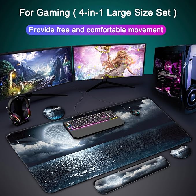 Keyboard Wrist Rest + Mouse Pad with Wrist Support + Desk Mat + Coaster 4 in 1 Set, XXL Large Gaming Mousepad Cute Ergonomic Mouse Pads for Desk Computer Laptop Office Decor-Moon Ocean