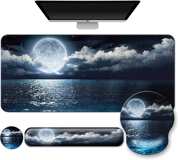 Mouse Pad + Desk Mat + Keyboard Wrist Rest + Coaster 4 in 1 Set, Cute Ergonomic Large Gaming Mousepad with Wrist Rest Support Desk Pad for Computer Laptop Office Home Decor-Moon Ocean