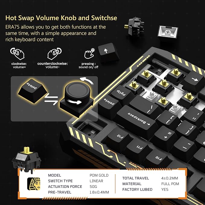 Womier ERA75 75% Wireless Mechanical Keyboard with VIA/QMK, Knob Full Aluminum Custom Keyboard, Pre-lubed POM Switches RGB Creamy Gaming Key Board, 3-Mode Gasket Hot Swappable, Black
