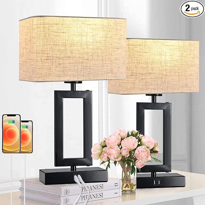 Lamps Set of 2 Touch Control Table Lamps with Dual USB, 3-Way Dimmable for Bedroom, Living Room, Office - LED Bulbs Included - Black & Cream