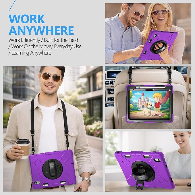 Case for iPad (A16) 11th/10th Generation Case: Protective Cover for iPad 11th Gen 11 Inch 2025 &10th Gen 10.9" 2022 with Screen Protector- Stand- Shoulder Strap- Handle- Pencil Holder-Black+Purple
