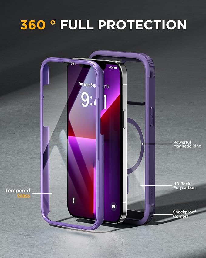 Miracase Magnetic for iPhone 13 Pro Max Case 6.7 inch, (Compatible with MagSafe) Upgrade Full-Body Clear Phone Bumper Case with Built-in 9H Tempered Glass Screen Protector, Magnetic Purple