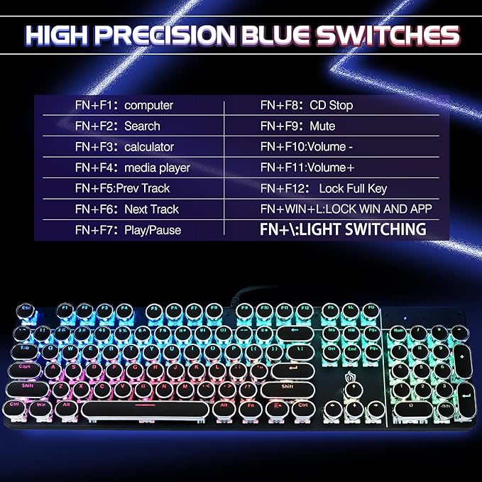 YSCP Typewriter Style Mechanical Gaming Keyboard RGB Backlit Wired with Blue Switch Retro Round Keycap 104 Keys Keyboard (R-Black)