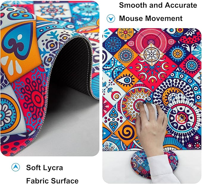 Keyboard Wrist Rest + Mouse Pad with Wrist Support + Desk Mat + Coaster 4 in 1 Set, XXL Large Gaming Mousepad Cute Ergonomic Mouse Pads for Desk Computer Laptop Office Decor-Mandala