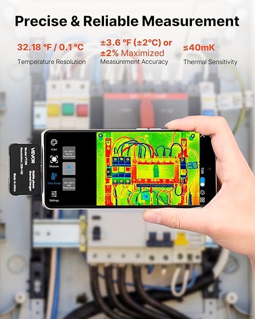 VEVOR Thermal Imaging Camera for Android & iOS, 512 x 384 Super Resolution, 25HZ Refresh Rate Infrared Thermal Imager for Smartphones Tablets, 256 x 192 IR Resolution, -4°F-1022°F & 6 Color Palettes