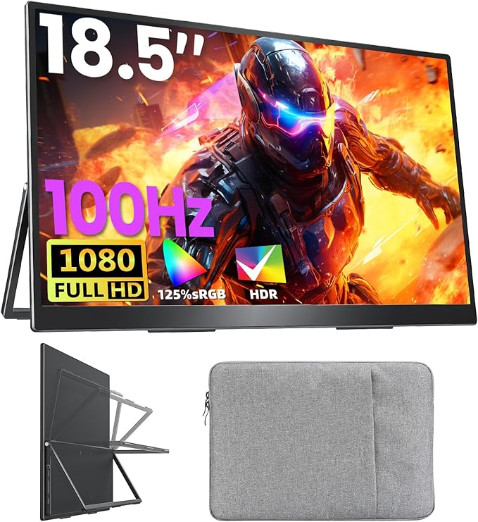 Upperizon Portable Monitor 18.5 inch FHD 125% sRGB 100Hz IPS HDR HDMI USB-C Travel Monitor for Laptop MacBook PC Surface PS5 Xbox, Large External Display with Kickstand & Speakers, VESA Compatible