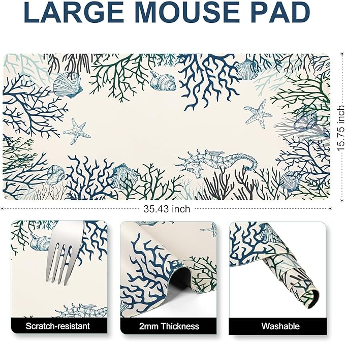 L-SPOUTTO Coral Desk Mat for Keyboard and Mouse,XXL Large Mouse Pad Non-Slip Keyboard Pad Waterproof Desktop Mat for Laptop Computer Work Game Home Office-Ocean Coral