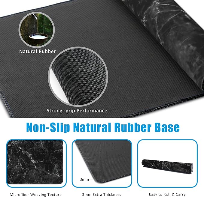 Black Marble Texture Desk Mat,Large Gaming Mouse Pad,Non-Slip Rubber Base Desk Pad with Stitched Edges for Desk Office Home Decor 35.4X15.7 Inch