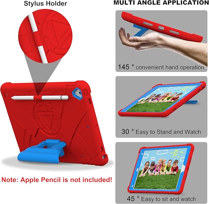 Andnary Case for iPad 9th/8th/7th Generation 10.2 inch, Heavy Shockproof Cover with Screen Protector/180° Rotating Handle/Bracket/Pen Holder/Shoulder Strap, Kids Case for 2021/2020/2019 (D-Red+Blue)