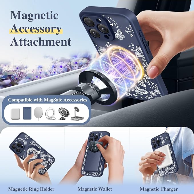 GVIEWIN for iPhone 16 Pro Case Compatible with MagSafe, [Military Grade Protection] [Screen Protector] Full Camera Protection Floral Translucent Women Magnetic Phone Case, Tuberose/Blue