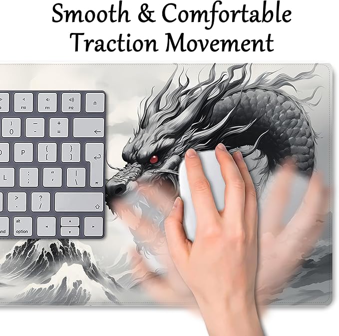 ProbTis Black and White Dragon Mouse Pad, Large Japanese Desk Mat, XXL Anime Gaming Keyboard Mat, Oriental Decor, Big Extended Desk Protector for Home Office, 35.4"x15.7" (Dragon BW)