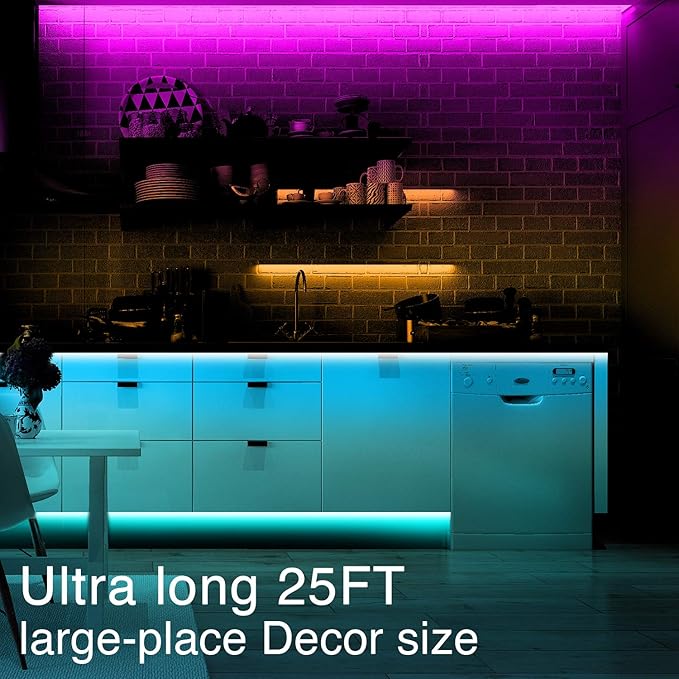 phopollo 5050 LED Strip Lights, 25ft Led Lights for Bedroom with 44 Keys IR Remote Controller and 12V Power Supply