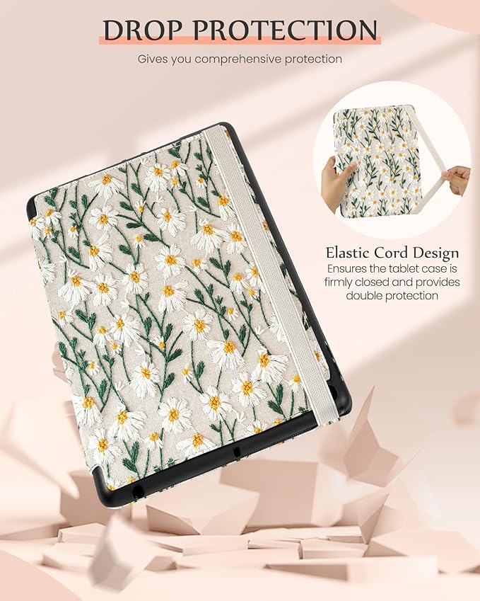Uppuppy for iPad 9th/8th/7th Generation Case 10.2'' - Women Girls Cute Embroidered Folio Stand Cover with Pencil Holder & Card Slot Girly White Daisy Flower Design Aesthetic Cases for iPad 7th/8th/9th