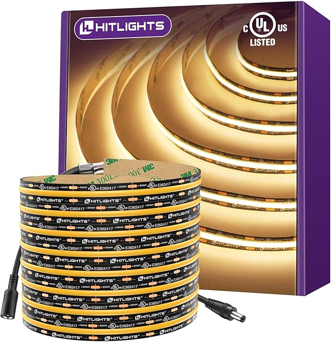 HitLights COB LED Strip Lights Warm White 3000K, 16.4ft Premium 12V Tape Light High Density, 2400 LEDs, 305+ LM/FT, CRI 90+, IP30, Lighting for Kitchen, Cabinets, UL Listed (Power Source Not Included)