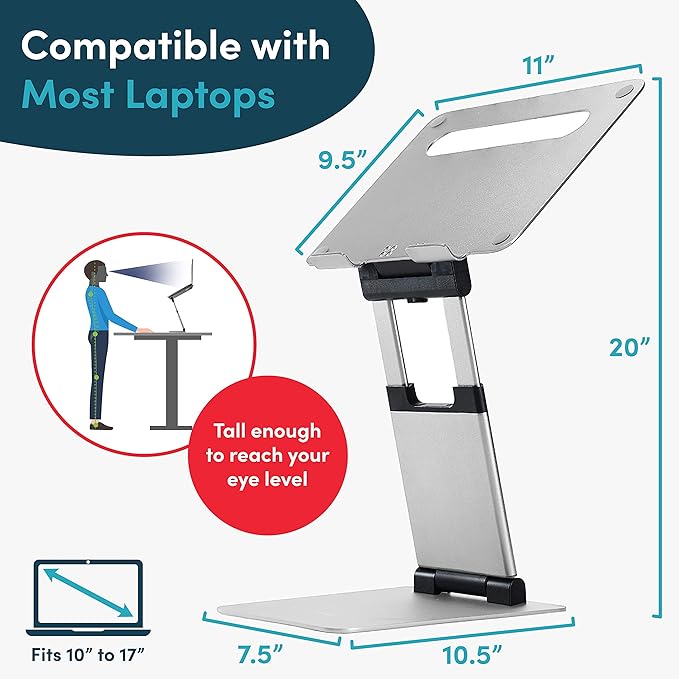Lifelong Laptop Stand for Desk, Ergonomic Sit to Stand Premium Aluminum Laptop Holder, Adjustable Height from 2.1" to 20", Compatible with MacBook, All Laptops Tablets 11-17" - Silver