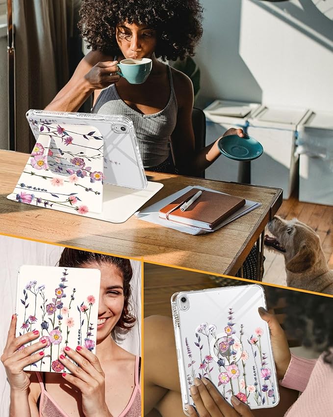Shorogyt for iPad A16 11th Generation 11 inch 2025 /for i Pad 10th Generation case Magnetic Stand for Women - Cute Design 360 Degree Rotating Covers Girls Girly with Pencil Holder,Little Flower